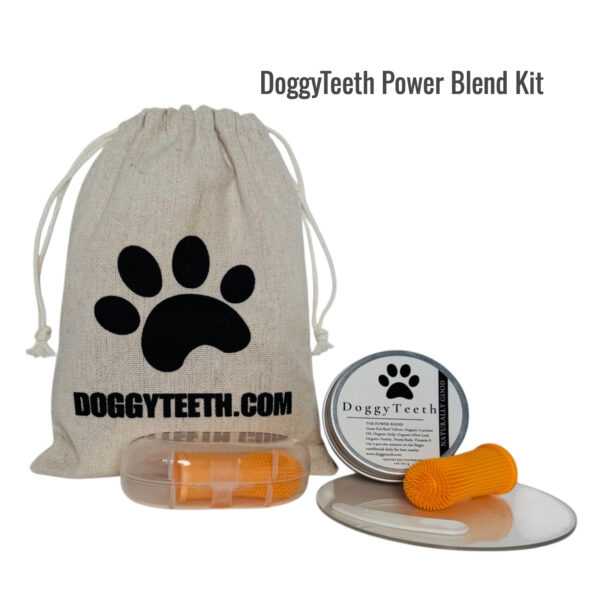 Image of DoggyTeeth Power Blend Kit showing canvas bag, serving disc, spatula, doggyteeth tallow toothpaste and two finger brushes in cases